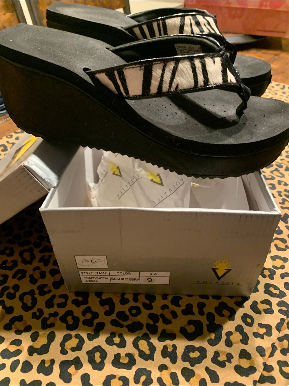 Volatile Black and White Zebra Wedge Flip Flops Size 9